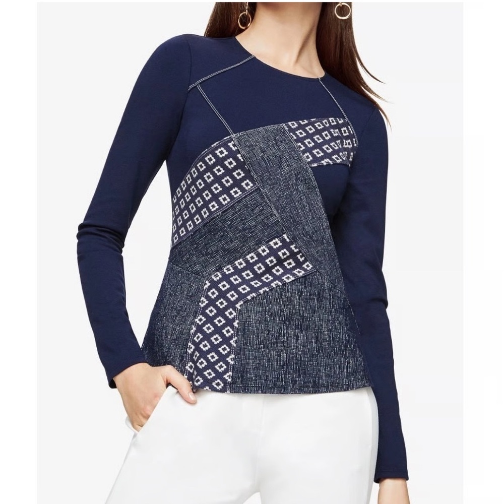BCBGMaxAzria Navy and White Long Sleeve Top